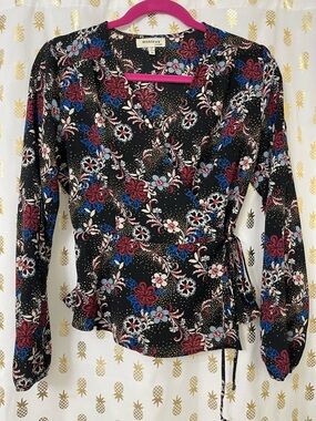 Monteau Black Floral Wrap Blouse with Pink & Blue Flowers